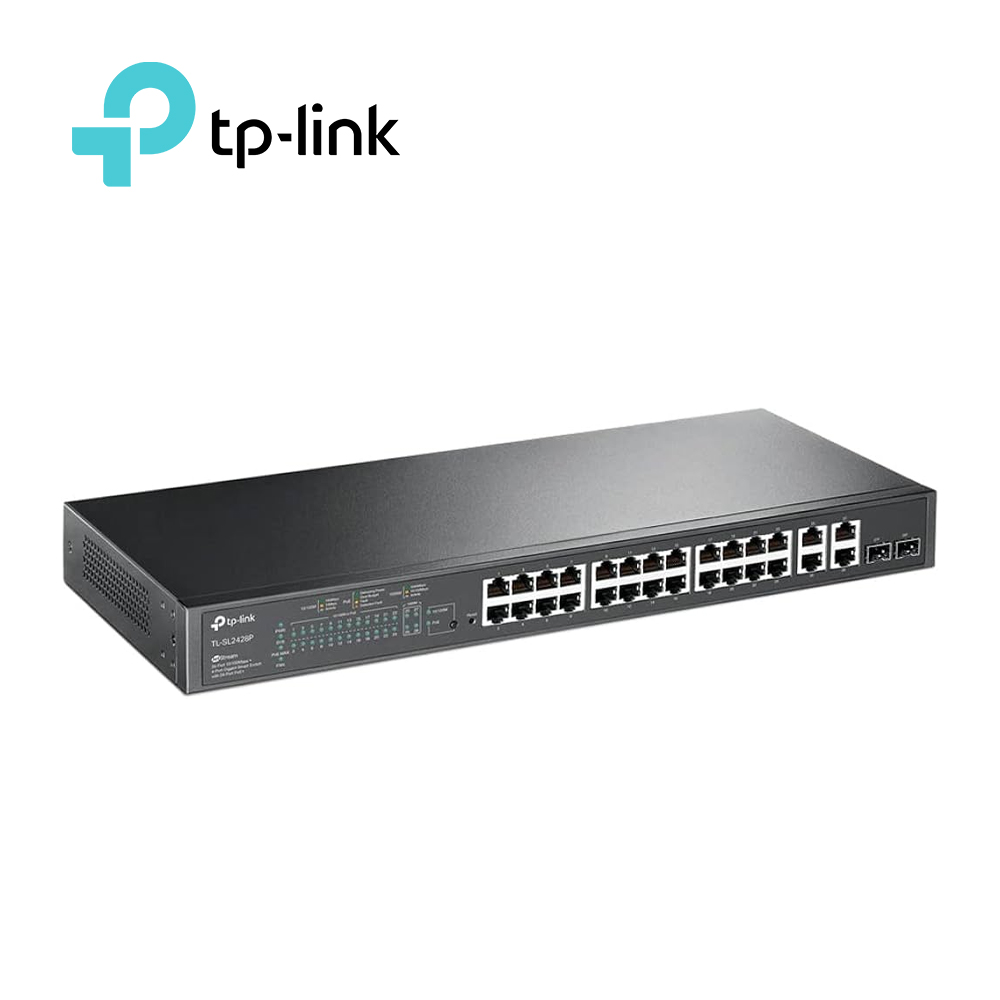 SWITCH ADMINISTRABLE TP-LINK SL2428P (TL-SL2428P) / 24 PUERTOS RJ45 POE AF/AT 10/100 MBPS + 2 PUERTOS GIGA RJ45 + 2 PUERTOS GIGA COMBO RJ45/SFP / POTENCIA POE TOTAL 250 W / IDEAL PARA RACK / USO INTERIOR / GESTION CENTRALIZADA CON OMADA