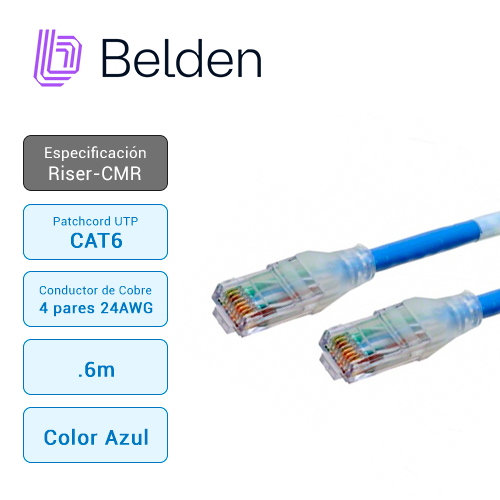 PATCH CORD UTP CAT6+ BELDEN C601106002 / INTERIOR / AZUL / 4 PARES / 24 AWG / FORRO PVC / CMR / 2 PIES 0.6 METROS