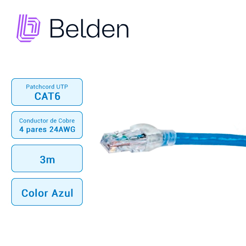 PATCH CORD UTP CAT6+ BELDEN C601106010 / INTERIOR / AZUL / 4 PARES / 24 AWG / FORRO PVC / CMR / 10 PIES 3 METROS