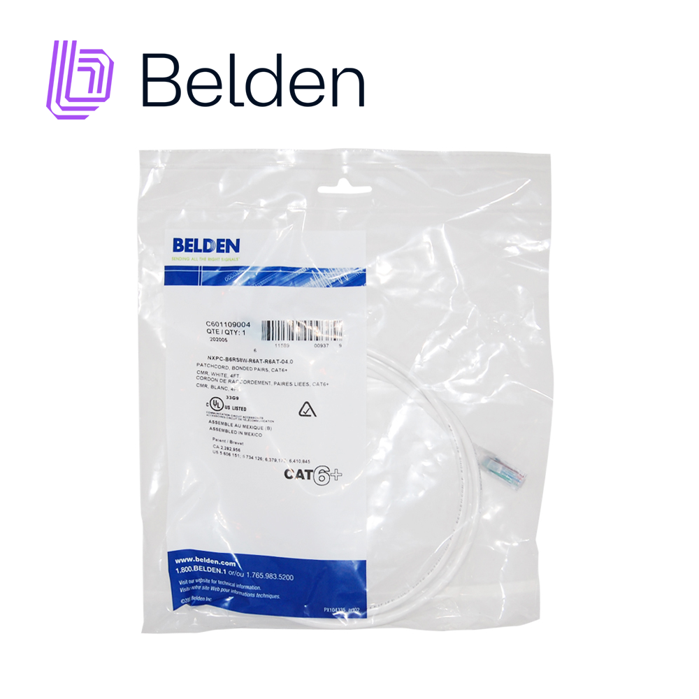 Patch Cord UTP Cat6+ Belden C601109004 / Interior / Blanco / 4 Pares / 24 Awg / Forro Pvc / Cmr / 4 Pies 1.2 Metros