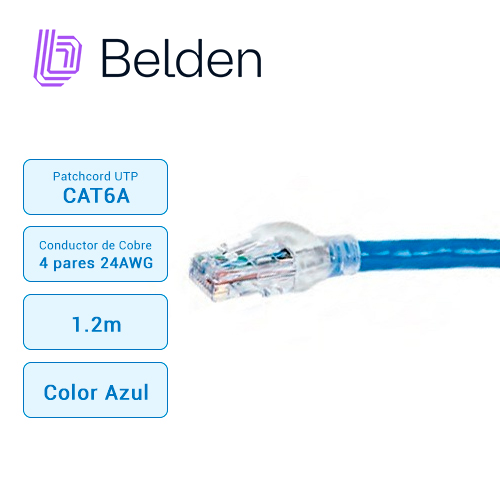 PATCH CORD UTP CAT6A BELDEN CA21106004 / INTERIOR / AZUL / 4 PARES / 24 AWG / FORRO PVC / CMR / 4 PIES 1.2 METROS