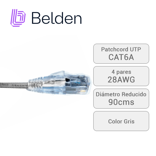 Patch Cord UTP Cat6a Belden Cad1108003 Forro Pvc Gris Cmr-riser 4 Pares Calibre Conductor 28 Awg Diametro Reducido Cobre Estañado Multifilar Uso Interior Partes Relacionadas:conectores Modulares Cat6a Patch Panel Cat6a Longitud 3 Pies 90 Centimetros