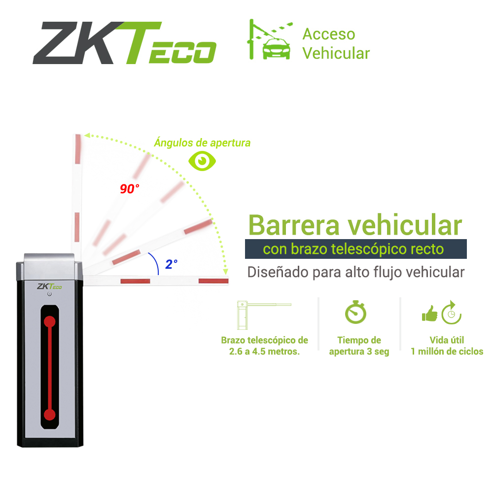 Barrera Vehicular Zkteco Cmp300l Con Brazo Telescopico Recto Sentido Izquierdo Velocidad De Cierre 3 Segundos Alimentacion Electrica 110VCA Apertura Manual En Caso De Falla Electrica Compatible Con Paneles De Acceso, Antenas Vehiculares Y Camaras LPR