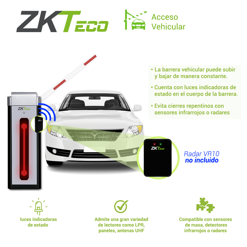 Barrera Vehicular Zkteco Cmp300l Con Brazo Telescopico Recto Sentido Izquierdo Velocidad De Cierre 3 Segundos Alimentacion Electrica 110VCA Apertura Manual En Caso De Falla Electrica Compatible Con Paneles De Acceso, Antenas Vehiculares Y Camaras LPR