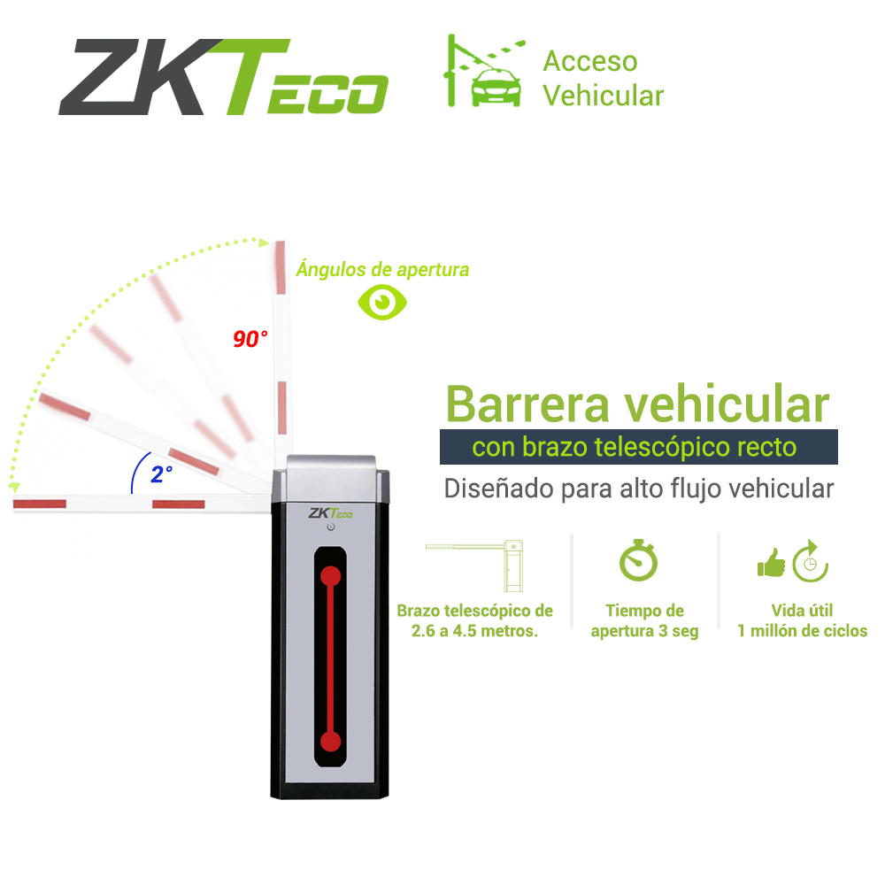 Barrera Vehicular Zkteco Cmp300r Con Brazo Telescopico Recto Sentido Derecho Velocidad De Cierre 3 Segundos Alimentacion Electrica 110VCA Apertura Manual En Caso De Falla Electrica Compatible Con Paneles De Acceso, Antenas Vehiculares Y Camaras LPR