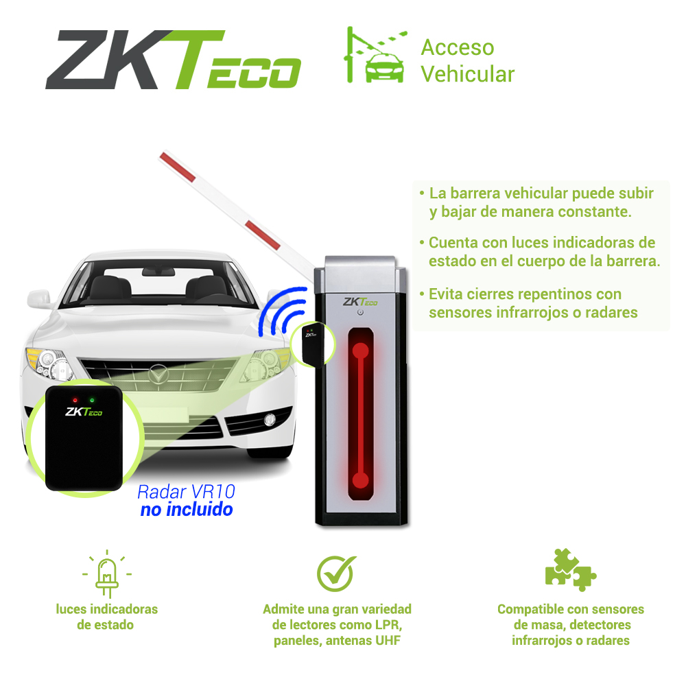 Barrera Vehicular Zkteco Cmp300r Con Brazo Telescopico Recto Sentido Derecho Velocidad De Cierre 3 Segundos Alimentacion Electrica 110VCA Apertura Manual En Caso De Falla Electrica Compatible Con Paneles De Acceso, Antenas Vehiculares Y Camaras LPR
