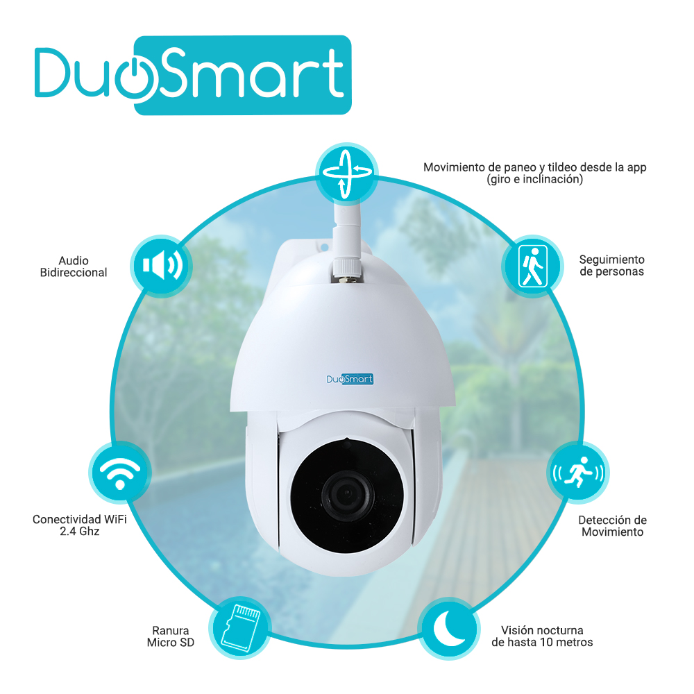 CAMARA INTELIGENTE PT DUOSMART E70 WIFI 2.4 GHZ PARA EXTERIOR CON AUDIO BIDIRECCIONAL TIPO DOMO 3MP CON MOVIMIENTO SEGUIDOR DE PERSONAS Y VISION NOCTURNA COMPATIBLE CON APP DUOSMART SOPORTA MEMORIA MICROSD DE HASTA 128 GB (NO INCLUIDA)