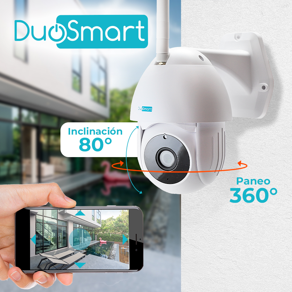 CAMARA INTELIGENTE PT DUOSMART E70 WIFI 2.4 GHZ PARA EXTERIOR CON AUDIO BIDIRECCIONAL TIPO DOMO 3MP CON MOVIMIENTO SEGUIDOR DE PERSONAS Y VISION NOCTURNA COMPATIBLE CON APP DUOSMART SOPORTA MEMORIA MICROSD DE HASTA 128 GB (NO INCLUIDA)