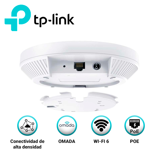 ACCESS POINT WI-FI 6 TP-LINK EAP620 HD AX1800/ MONTAJE EN TECHO / GESTION CENTRALIZADA OMADA SDN /ALIMENTACION POE 802.3 AF/AT / RED SEGURA DE INVITADOS CON CONEXION WI-FI DE FACEBOOK Y ACCESO SMS / 1 PUERTO ETHERNET GIGABIT / 5GHZ 1201MBPS / 2.4 GHZ HASTA 574MBPS / MULTIPLES SSID / MU-MIMO / OFDMA / IDEAL PARA HOTELES COLEGIOS UNIVERSIDADES CENTRO COMERCIAL HASTA 500 CLIENTES