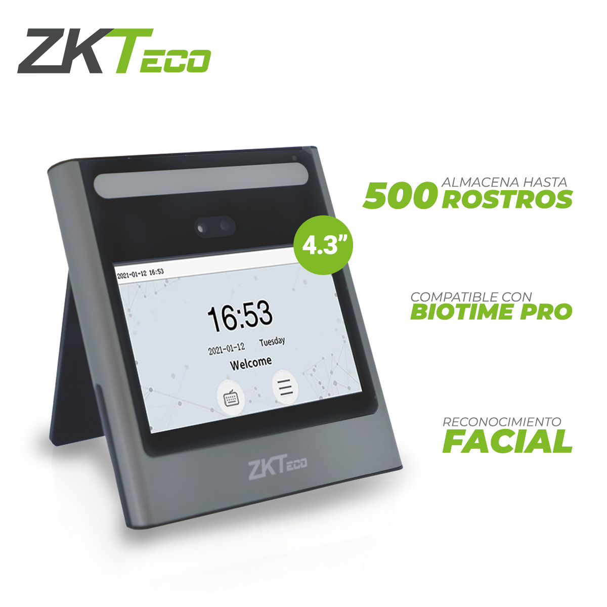 TERMINAL DE ACCESO Y ASISTENCIA CON RECONOCIMIENTO FACIAL Y CONTRASEÑA EFACE10  ZKTECO PANTALLA DE 4.3 PULGADAS 500 ROSTROS/ 150,000 EVENTOS  SALIDA DE RELEVADOR ACEPTA BOTON TCP/IP ADMS  COMPATIBLE CON BIOTIME PRO Y BIOACCESS IVS MODULO DE ASISTENCIA