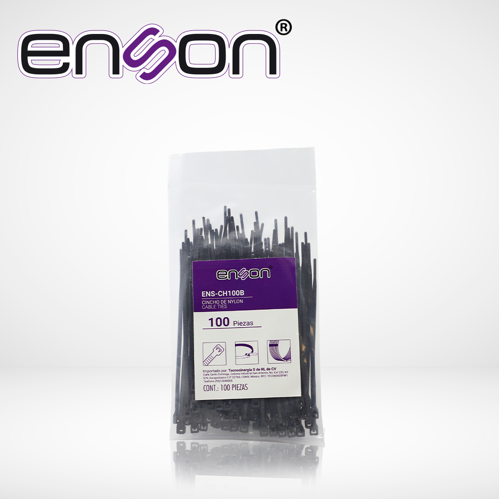 CINCHO DE NYLON ENSON ENS-CH100B COLOR NEGRO DE 2.5 X 100MM DE LONGITUD FUERZA DE TENSION DE HASTA 8 KGS
