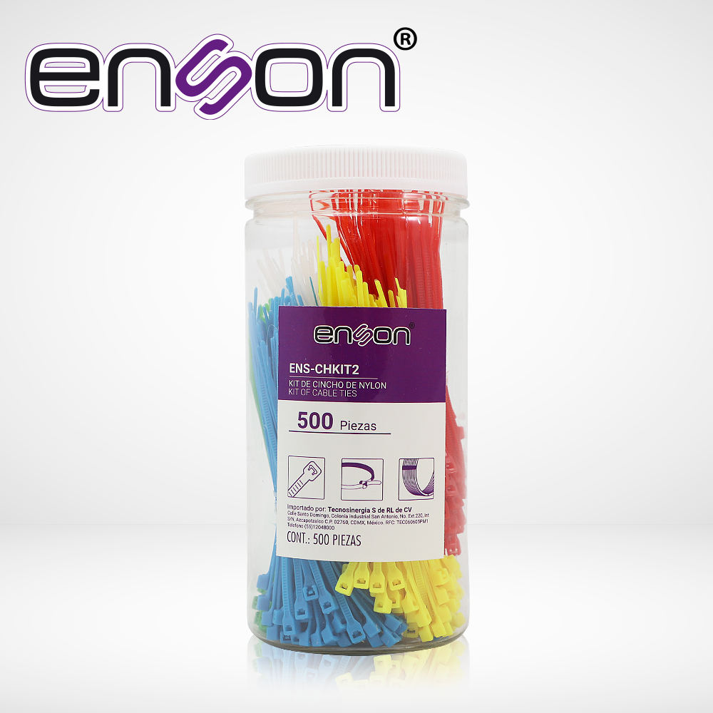 KIT DE CINCHOS DE NYLON ENS-CHKIT2 DE 500 PIEZAS EN 5 COLORES DE 100MM, USO SUGERIDO DE PINAZA TENSORA ENS-TGUN


