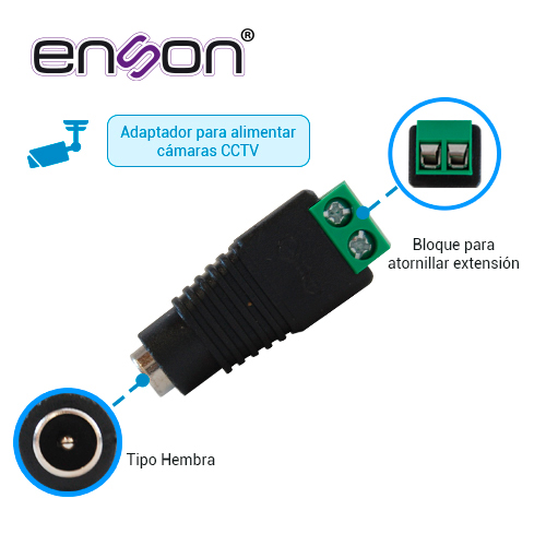 CONECTOR DE CORRIENTE ENS-FC01 HEMBRA ENSON TIPO JACK 3.5 MM PARA CAMARAS CCTV / CON BLOQUE POLARIZADO / MEDIDAS: 2.1 X 5.5 MM.