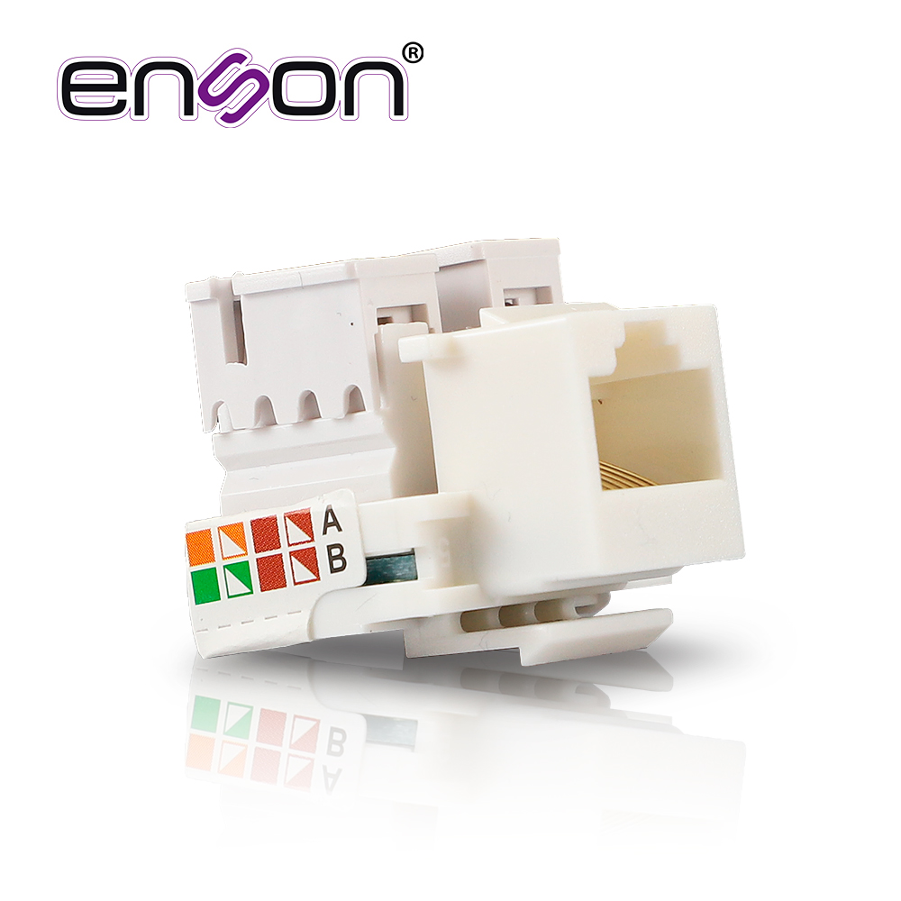 CONECTOR JACK ENSON ENS-JC6WH CAT6 COLOR BLANCO A 90 GRADOS PONCHADO CON PINZAS Y CUBREPOLVO.