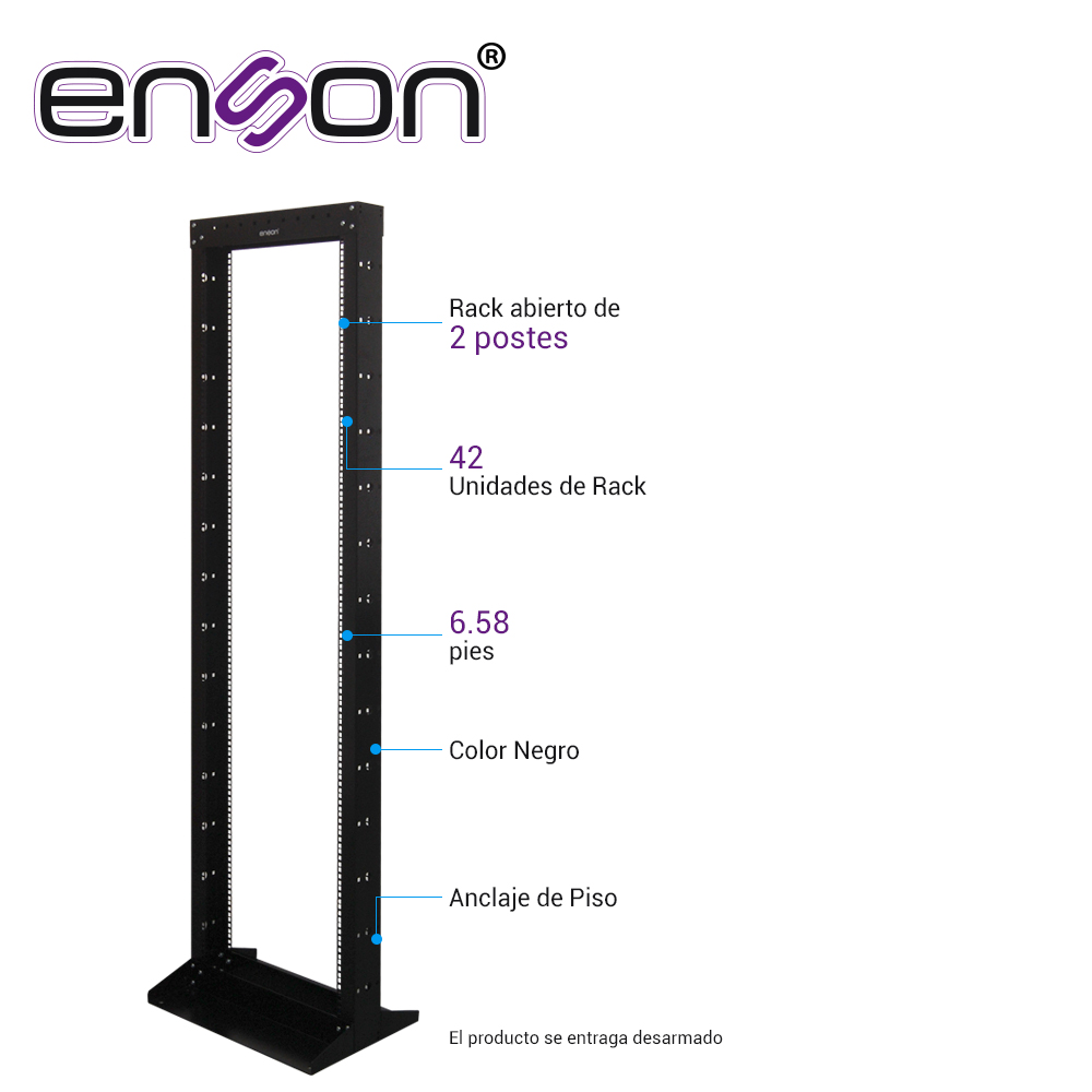 Rack Vertical Enson Ens-rack244 De 42UR Dos Postes Empotrable Ideal Para Montaje De Equiposd E Red Y Cableado Estructurado, Compatible Con Todos Los Accesorios De Racks Y Gabinetes Enson