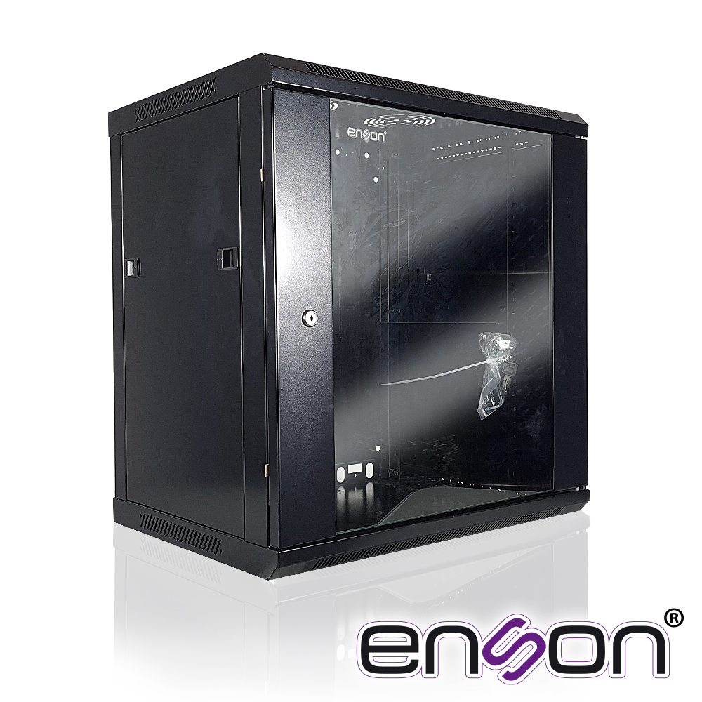 GABINETE DE PARED ENSON ENS-RKGB12U 12UR PUERTA FRONTAL DE CRISTAL TEMPLADO CON CERRADURA DE SEGURIDAD RANURA DE VENTILACION EN LA PARTE SUPERIOR PARA VENTILADORES DE 11 CM ENSAMBLADO 600X450X635MM