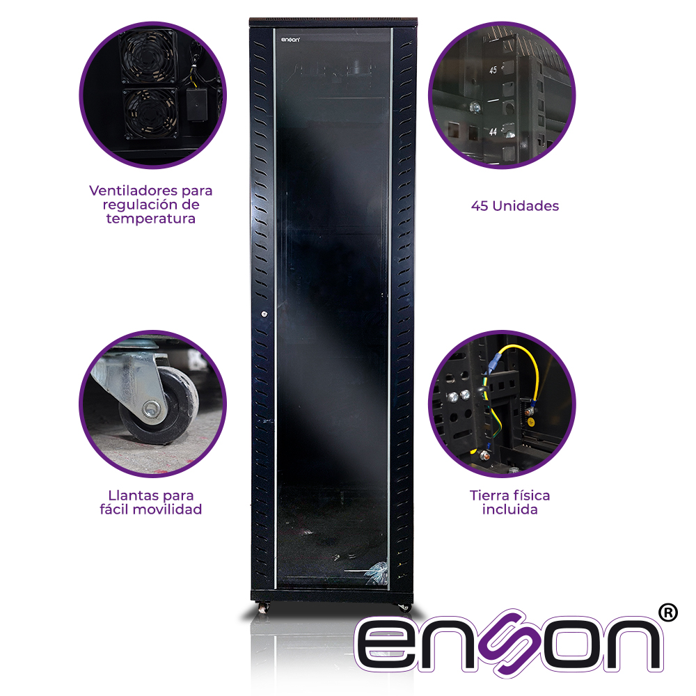 Gabinete De Piso Enson Ens-rkgb45u4 45UR 600X1000X2105MM Puerta Cristal Con Cerradura De Seguridad Abatible Paneles Laterales Remobibles Puerta Trasera Para Trabajo Y Postes Ajustables