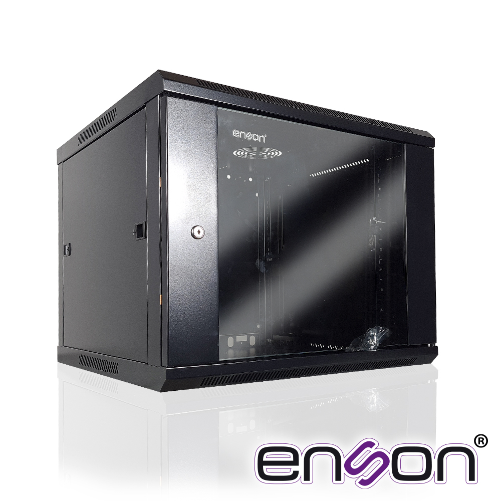 GABINETE DE PARED ENSON ENS-RKGB9U 9UR PUERTA FRONTAL DE CRISTAL TEMPLADO CON CERRADURA DE SEGURIDAD RANURAS DE VENTILACION EN LA PARTE SUPERIOR PARA 2 VENTILADORES DE 11 CM 600X600X501MM