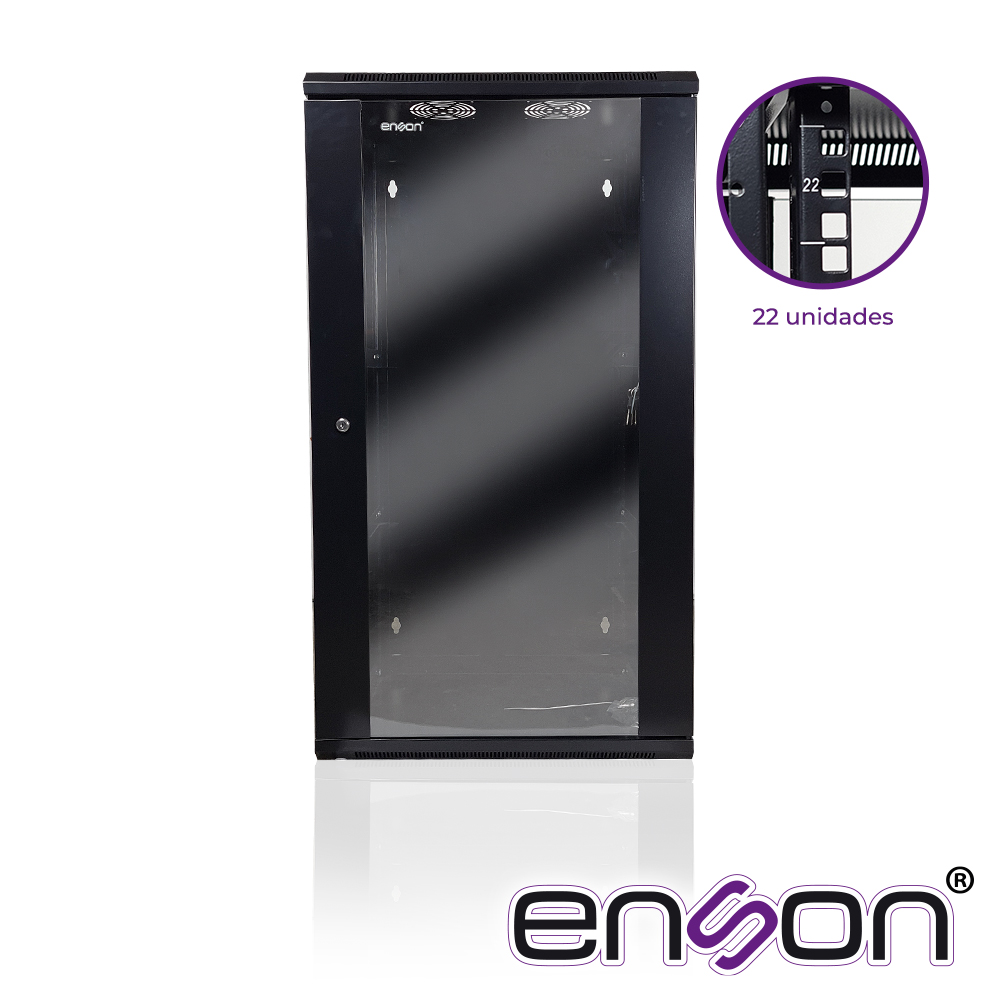 Gabinete De Piso/pared Enson Ens-rkgu22pro 22U Puerta Frontal De Cristal Templado Con Cerradura De Seguridad Puerta Trasera Abatible Ranuras De Ventilacion En La Parte Superior Para 2 Ventiladores De 11 Cm Dimensiones 550X600X1055MM