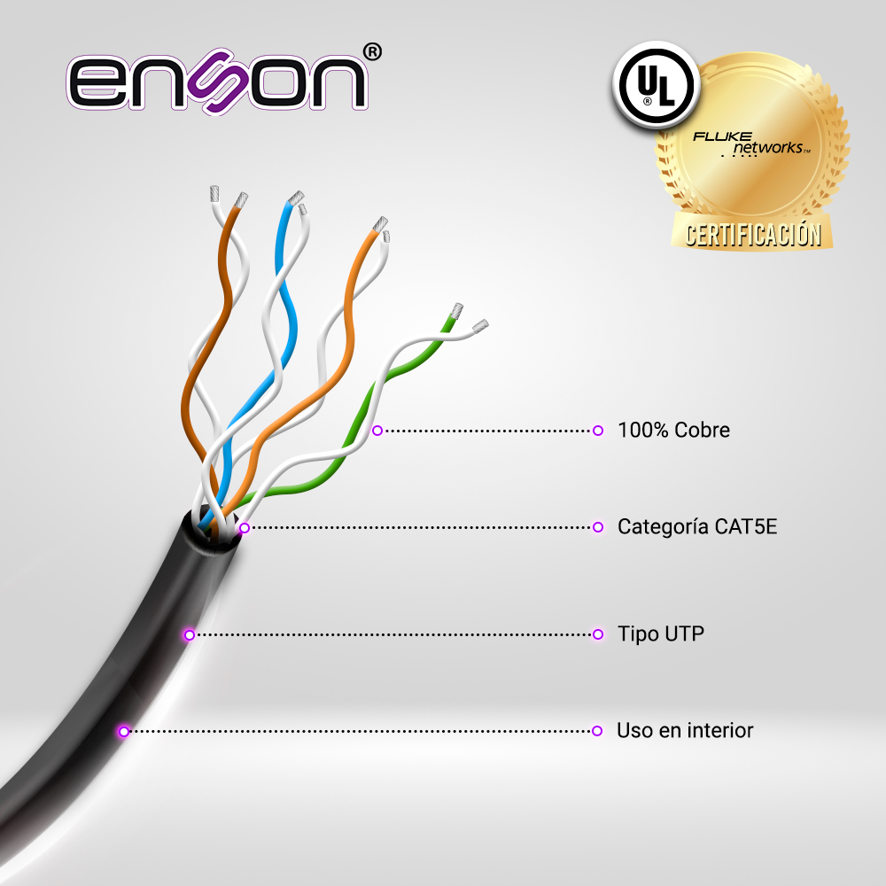Cable UTP Cat5e Enson Epro-cat5e Forro Color Negro Pvc Cm 4 Pares Calibre 24 Awg 100 Ciento Cobre Uso Interior Bobina 1000 Pies 305 Metros (certificacion Ul)