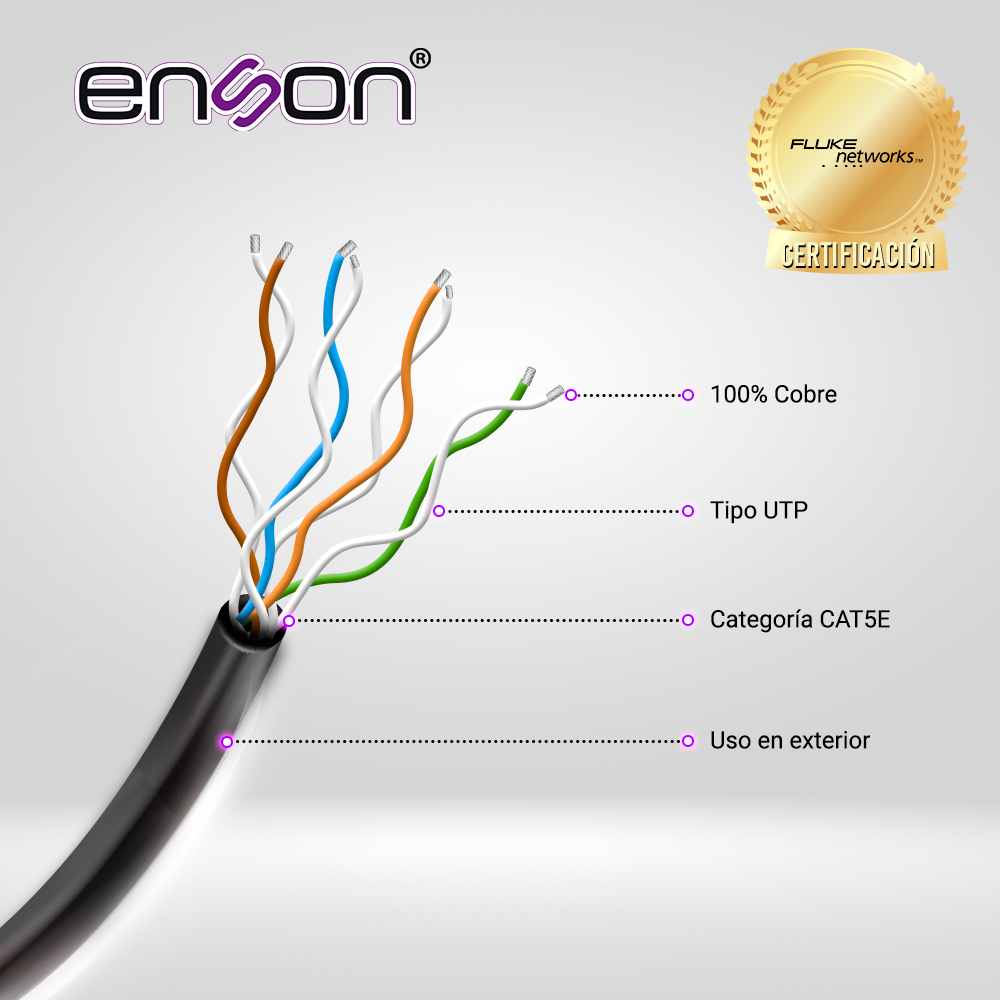 CABLE UTP CAT5E ENSON EPRO-CAT5E-OU FORRO PE 4 PARES CALIBRE 24 AWG 100% COBRE USO EXTERIOR BOBINA 1000 PIES 305 METROS
