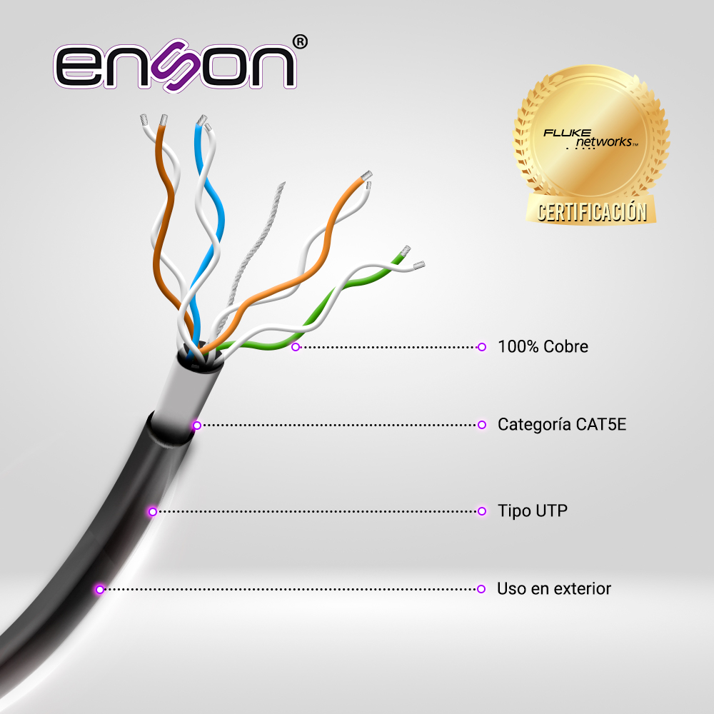 Cable UTP Cat5e Enson Epro-cat5e-ougel Forro Pvc+pe+gel 4 Pares Calibre 24 Awg 100% Cobre Uso Exterior Con Gel Bobina 1000 Pies 305 Metros