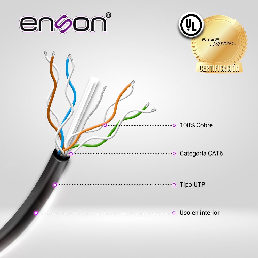 Cable UTP CAT6 Enson Epro-cat6 Forro Pvc 4 Pares Calibre 23 Awg 100% Cobre Uso Interior Bobina 1000 Pies 305 Metros **certificacion Ul** 
