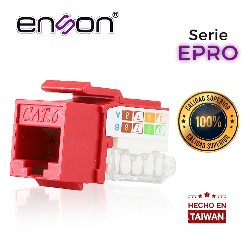 Conector Modular Jack RJ45 Enson Epro-tljack6-rd Serie Pro Terminado Sin Pinzas, Posicion Vertical CAT6 Color Rojo Compatible Con Placas Enson Epro-fp