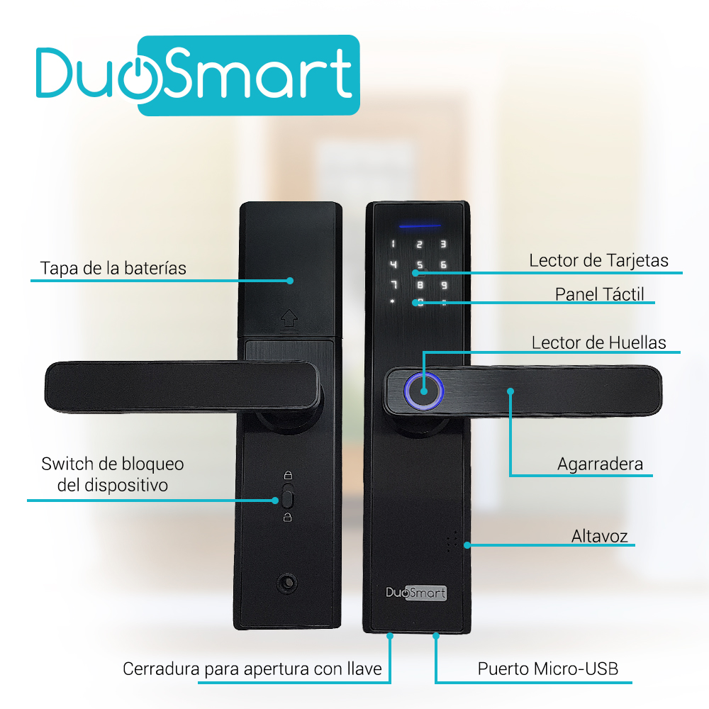 Cerradura Biometrica Wifi 2.4 Ghz Duosmart F20 Acepta Tarjetas Mf Huella Digital Contraseña Y Llave Con Puerto De Alimentacion Emergente Microusb Compatible Con Aplicacion Duosmart