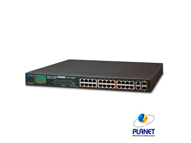 Switch No Administrable / Planet Fgsw-2622vhp / 24 Puertos RJ45 10/100 Mbps Con Alimentacion POE 802.3AT / 2 Puertos Combo RJ45 / SFP 10/100/1000 Mpbs / Recinto De Metal / Montaje En Rack / 300W Presupuesto POE / Display Lcd.