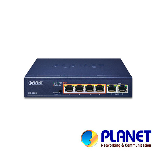 Switch No Administrable Planet Fsd-604hp / 6 Puertos RJ45 Fast Ethernet 10/100 Mbps / 4 Puertos Con POE 802.3AF/AT (puertos 1 – 4) / 30W Por Puerto / Dip Switch (distancia De 100 Y 250 Metros) / 63 Watts De Consumo / Recinto De Metal.