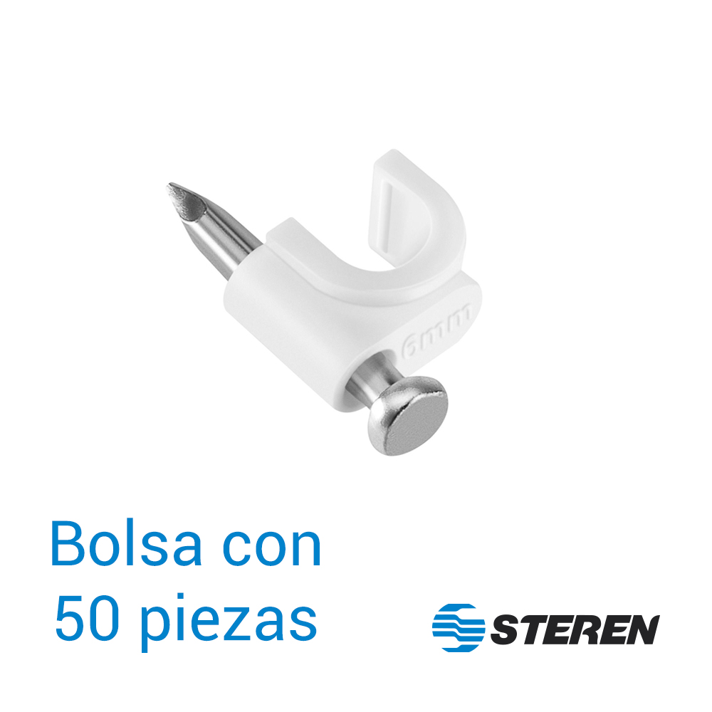 GRAPAS DE PLÁSTICO STEREN GRA-955B BOLSA CON 50 PZS C/U COLOR BLANCO ESPECIAL PARA SUJETAR CONDUCTORES, USO PARA INTERIORES Y EXTERIORES, PUEDE UTILIZARSE EN MUROS O TECHOS.