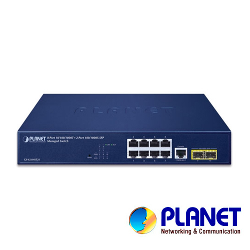 Switch Planet Gs-4210-8t2s Administrable L2 / 8 Puertos RJ45 Velocidad De Transmision 10/100/1000 Mbps + 2 Puertos SFP Velocidad De Transmision 1000 Mbps + 1 Puerto RJ45 Serial/ Temperatura De Operacion 0-50 Grados Centigrados