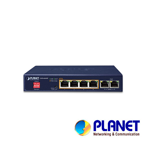 SWITCH NO ADMINISTRABLE / PLANET GSD-604HP / 6 PUERTOS RJ45 10/100/1000 MBPS / 4 PUERTOS POE 802.3AT/AF (PUERTOS 1 – 4) / SIN VENTILADOR / 67W DE CONSUMO / RECINTO DE METAL / DIP SWITCH (VLAN, ESTANDAR Y EXTENDIDO).