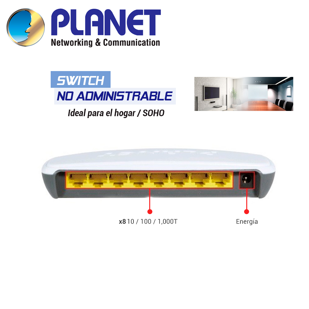 Switch No Administrable Planet Gsd-804 / 8 Puertos 10/100/1,000MBPS / Plastico / Alimentacion 5VCD/1A