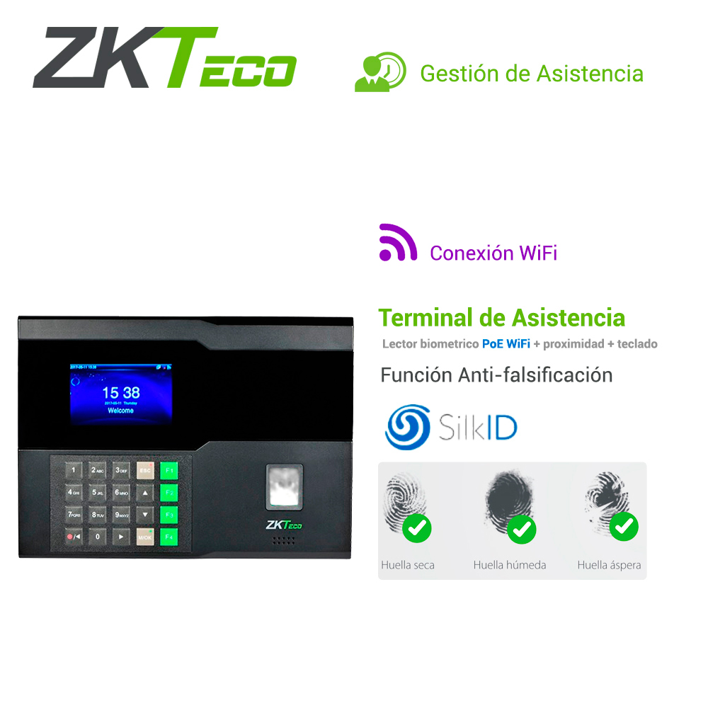 CONTROL DE ASISTENCIA CHECADOR ZKTECO IN05/ID ADMS BIOMETRICO SILKID 3000HUELLAS/10,000TARJETAS125KHZ/100,000REGISTROS TCPIP/POE /WIFI/RS232/BATERIA INTERNA **REQUIERE LICENCIA PARA BIOTIME PRO** 