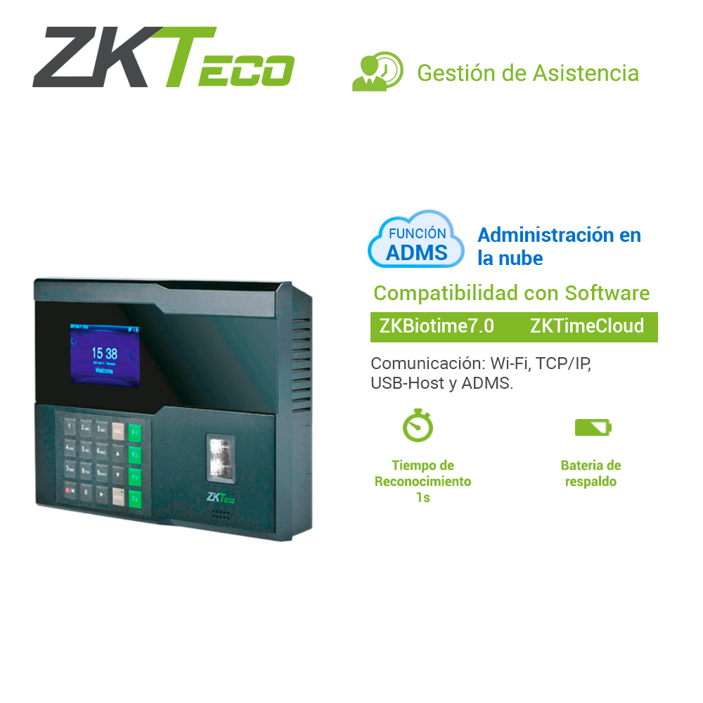 CONTROL DE ASISTENCIA CHECADOR ZKTECO IN05/ID ADMS BIOMETRICO SILKID 3000HUELLAS/10,000TARJETAS125KHZ/100,000REGISTROS TCPIP/POE /WIFI/RS232/BATERIA INTERNA **REQUIERE LICENCIA PARA BIOTIME PRO** 