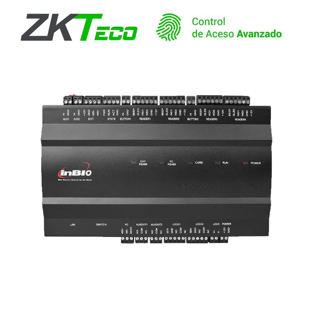 PANEL DE CONTROL DE ACCESO AVANZADO ZKTECO INBIO260 2PUERTAS/4LECTORAS/3000HUELLAS/30,000TARJETAS/100,000REGISTROS TCPIP/RS485/2INOUTAUX COMPATIBLE CON LECTORAS SERIE KR Y FR