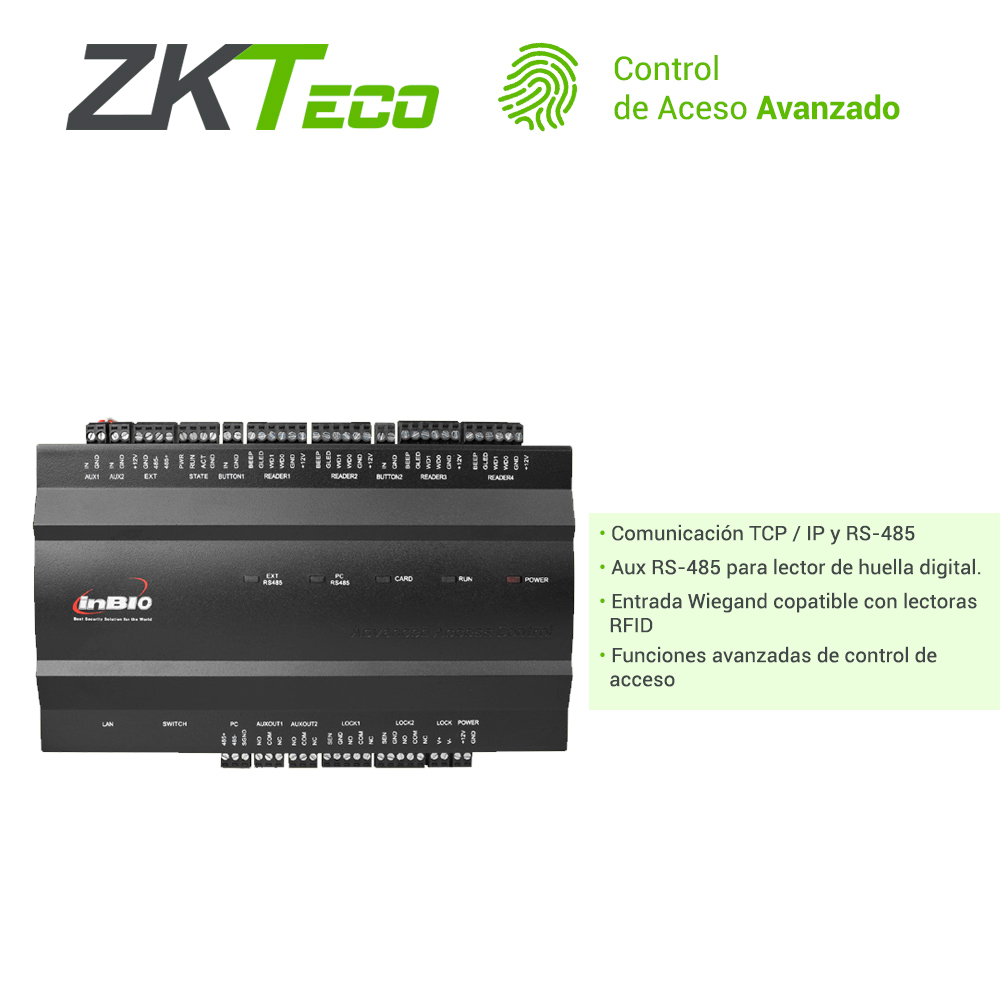 Panel De Control De Acceso Avanzado Zkteco Inbio260 2PUERTAS/4LECTORAS/3000HUELLAS/30,000TARJETAS/100,000REGISTROS Tcpip/rs485/2 Input Aux Compatible Con Lectoras Serie Kr Y Fr Software Compatible Sin Costo Zkbio Cvaccess