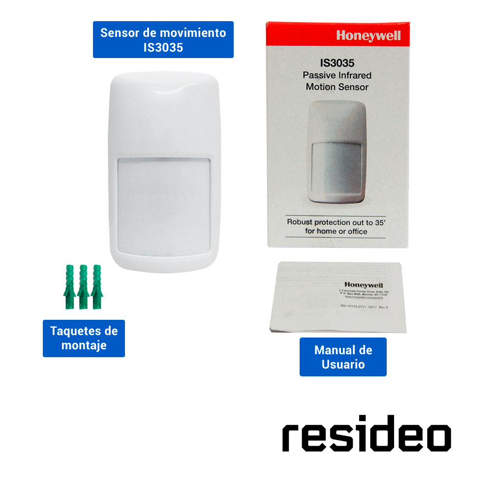 Sensor De Movimiento Resideo Is335t Antipet/ Alambrico / Inmunidad A Mascotas De Menos De 36KG/ Cobertura De Deteccion Amplia Y Larga (12mts X 17MTS)/ Compatible Con Todos Los Sistemas De Alarma