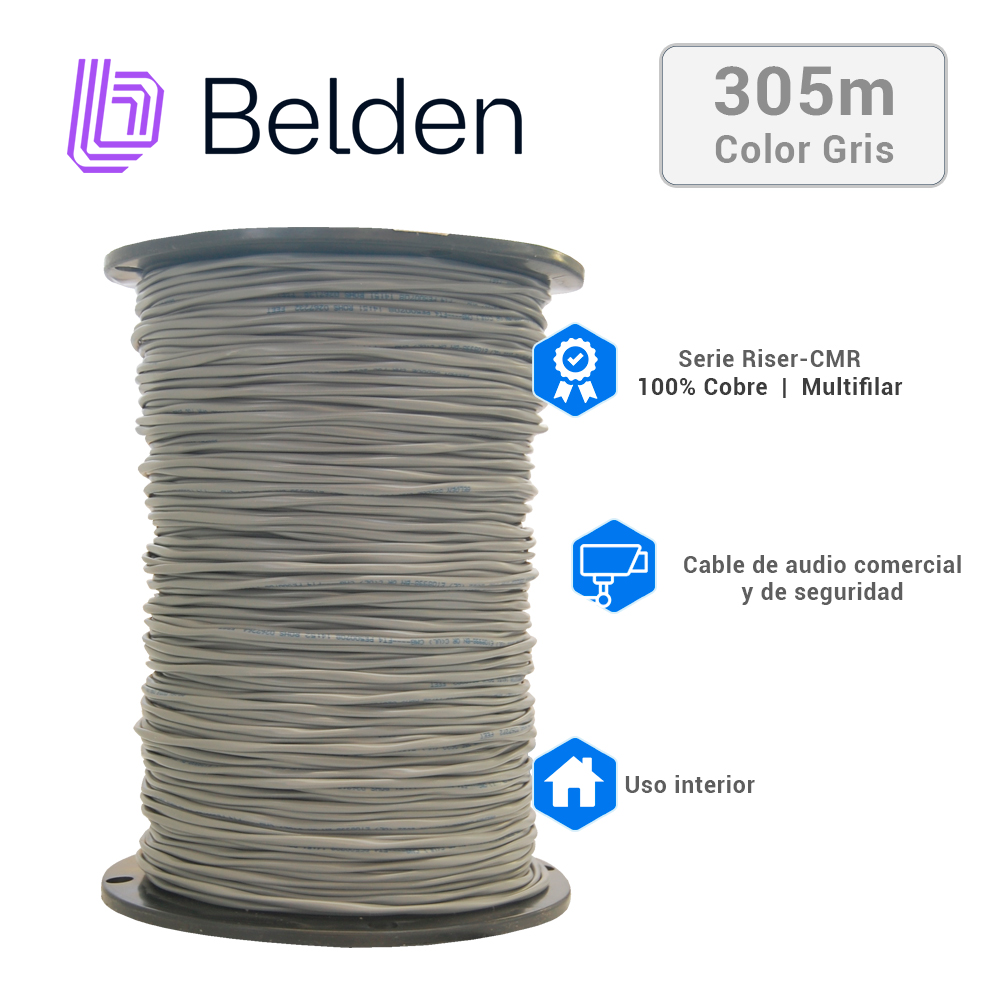 Cable De Seguridad Y Sonido Belden 5500UE 0081000 / Interior / Gris / 2 Conductores / 22 Awg / Multifilar / Forro Pvc / Cmr / Bobina / 1,000 Pies 305 Metros