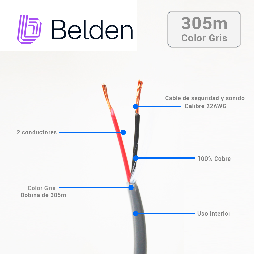 Cable De Seguridad Y Sonido Belden 5500UE 0081000 / Interior / Gris / 2 Conductores / 22 Awg / Multifilar / Forro Pvc / Cmr / Bobina / 1,000 Pies 305 Metros
