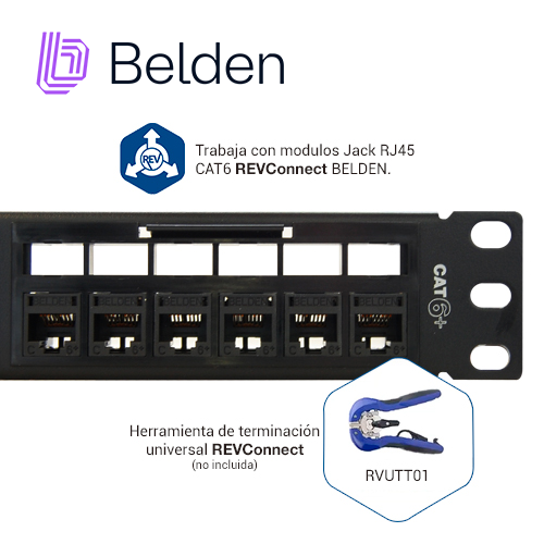Patch Panel Revconnect Cat6+ Belden Rv6ppf1u24bk / Negro / 24 Puertos / 1UR / Precargado / Pieza