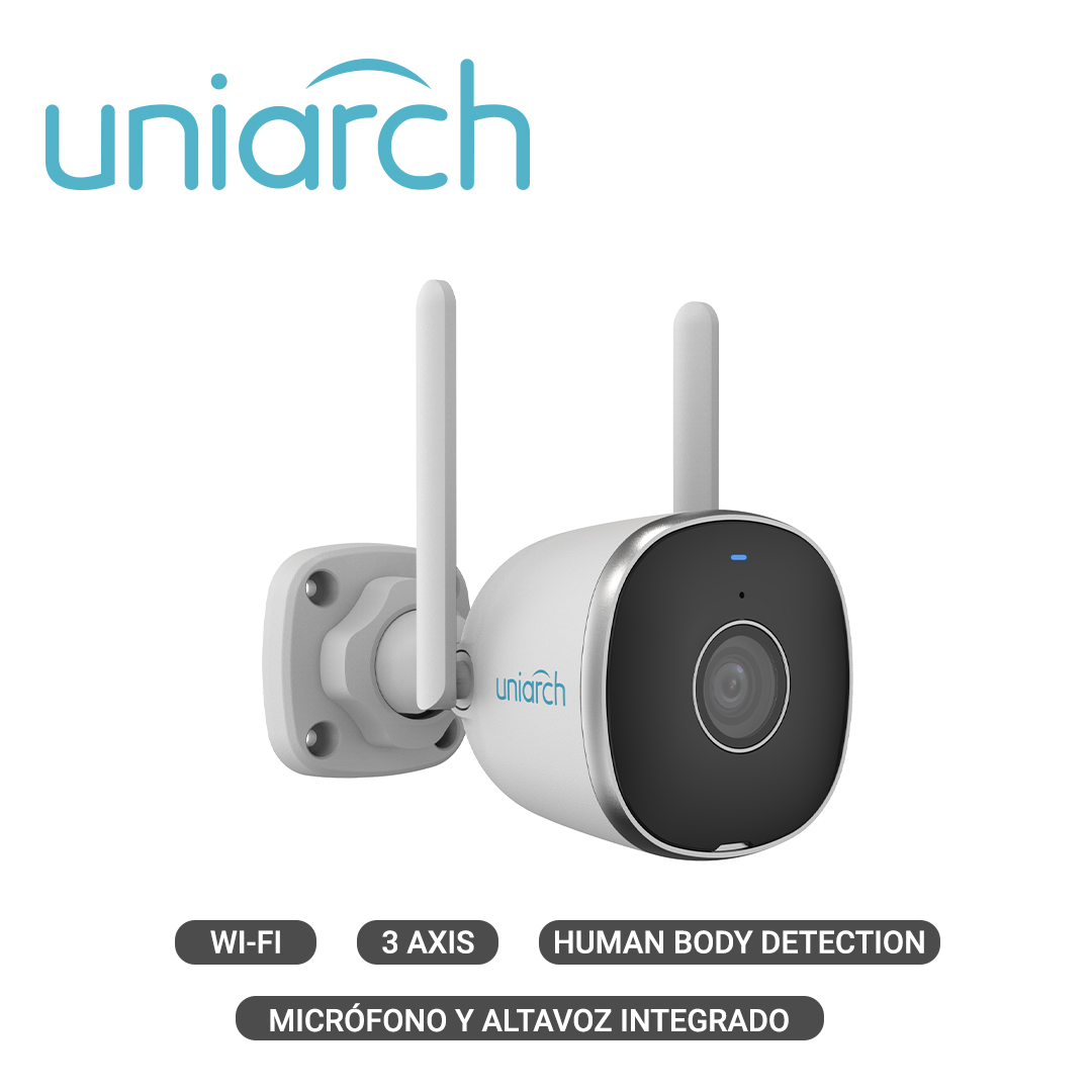 CAMARA IP BULLET WIFI 2.4 GHz CLOUD GRATUITO 7 DIAS UNIARCH Uho-B2R-M2F3 / 2MP / FULLHD / ULTRA265 / 12 VCD / DWDR / 3 AXIS / LENTE FIJO DE 2.8 MM / IR INTELIGENTE HASTA 20M / MICROFONO Y ALTAVOZ INTEGRADO / HUMAN BODY DETECTION / AUDIO DETECTION / RANURA PARA MICRO SD HASTA 128 GB / IP67 / 12VDC