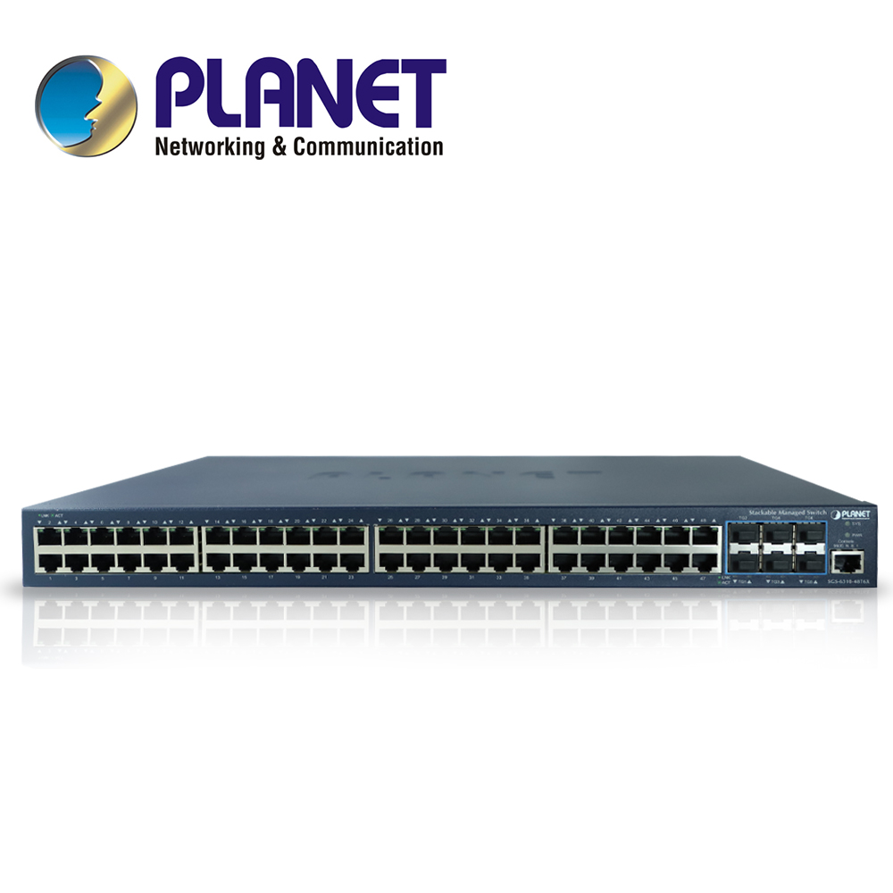 SWITCH PLANET STACKING SGS-6310-48T6X ADMINISTRABLE L2 + L3 RUTEO ESTATICO/ 48 PUERTOS RJ45 VELOCIDAD DE TRANSMISION 10/100/1000 MBPS + 6 SFP VELOCIDAD DE TRANSMISION 10 GB MONTAJE EN RACK/TEMPERATURA DE OPERACION 0-50 GRADOS CENTIGRADOS.