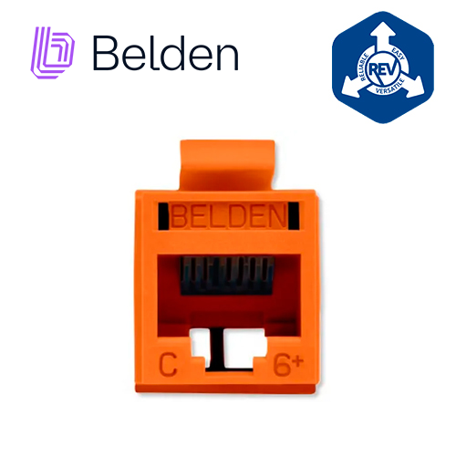 CONECTOR MODULAR JACK RJ45 CAT6 REVCONNECT BELDEN RV6MJKUOR-S1 ESTILO KEYCONNECT NARANJA COMPATIBLE CON FACEPLATE AX102660,AX102655,AX102249 ESQUEMA DE CABLEADO T568A/B HERRAMIENTA COMPATIBLE RVUTT01 USO INTERIOR CALIBRE DEL CONDUCTOR 23-24 AWG