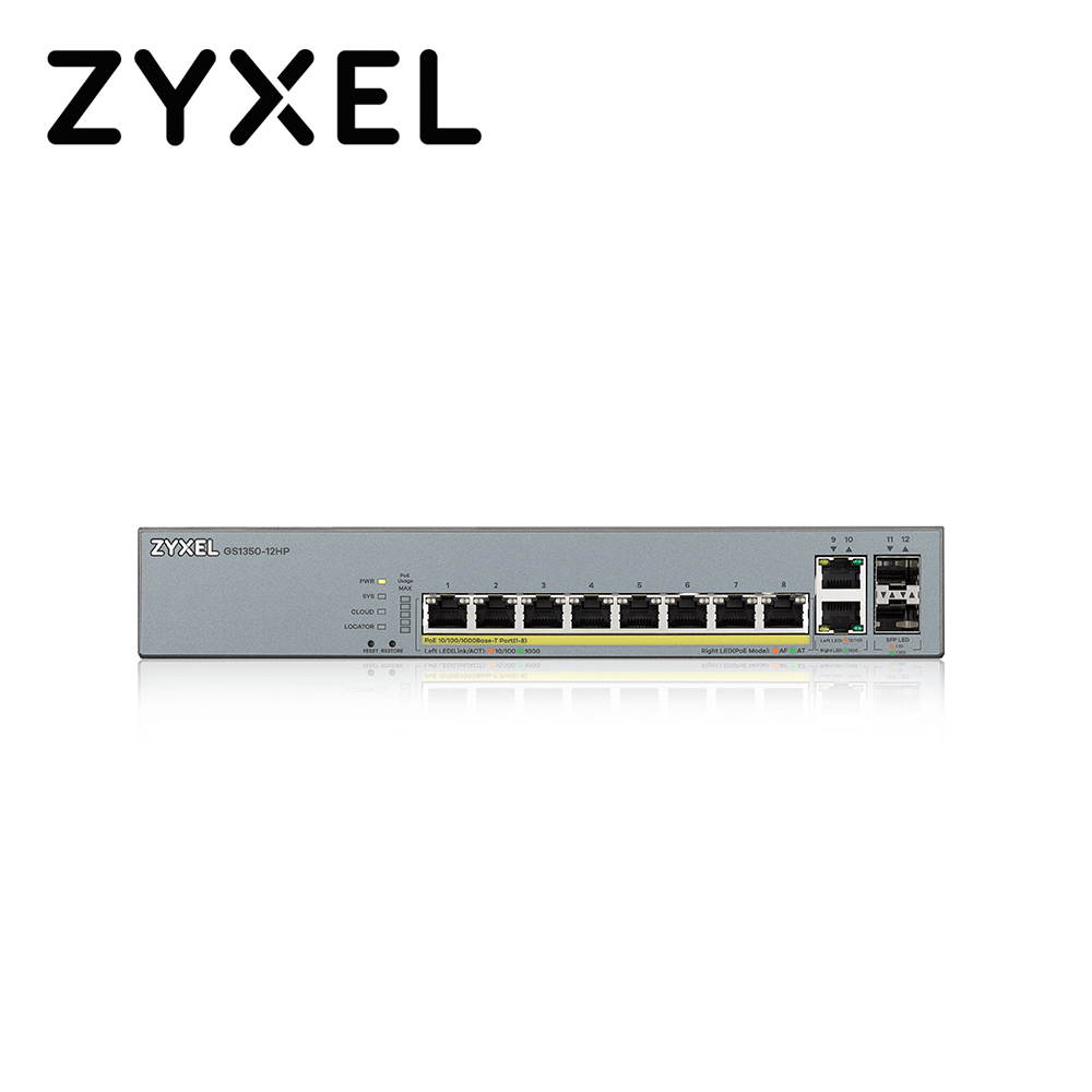 SWITCH POE GIGABIT 8PTOS+2UPLINK ENTERPRISE NEBULA ZYXEL GS1350-12HP 10 PUERTOS RJ45 10/100/1000MBPS POE+ AF/AT + 2 PUERTOS SFP 1000MBPS ADMINISTRABLE L2 TOTAL 130W  