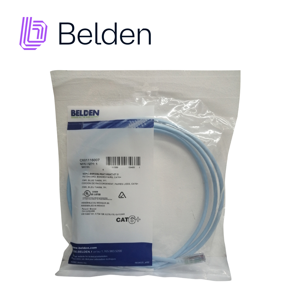 Patchcord UTP CAT6 Belden C601116007 Forro Pvc Azul Claro Cmr-riser 4 Pares Calibre Conductor 24 Awg 100% Cobre Uso Interior Partes Relacionadas:conectores Modulares CAT6 Patch Panel CAT6 Longitud 7 Pies 2.1 Metros