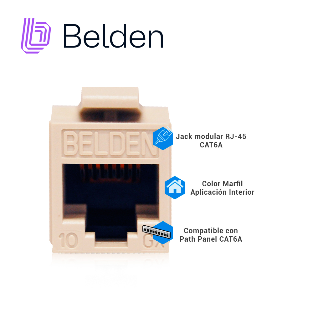 Conector Modular Jack RJ45 Cat6a Belden Ax103073 Estilo Keyconnect Marfil Compatible Con Faceplate Ax102660,ax102655,ax102249 Patch Panel Modular Ax103114,ax103115,ax104599 Esquema De Cableado T568a/b Herramienta Compatible Ax100749 Uso Interior Calibre Del Conductor 22-24 Awg