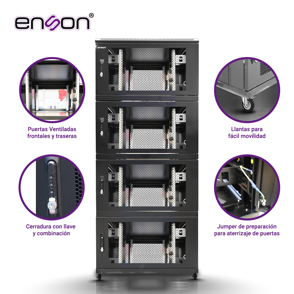 Gabinete De Piso Modular De Acero Enson Ens-rkgb42u8 / 36UR En 4 Modulos De 9UR Cada Uno / Paneles Laterales Extraibles / Puertas De Malla Delanteras Y Traseras Con Cerraduras / Tamaño Exterior 42U 800X1000X2000